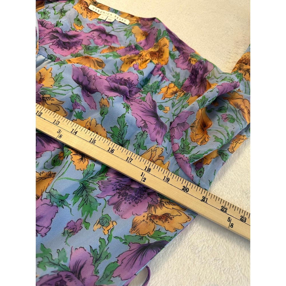 Veronica Beard Silk Floral Mini Dress 12 Blue Purple Excellent Ruched Bell - Picture 4 of 8